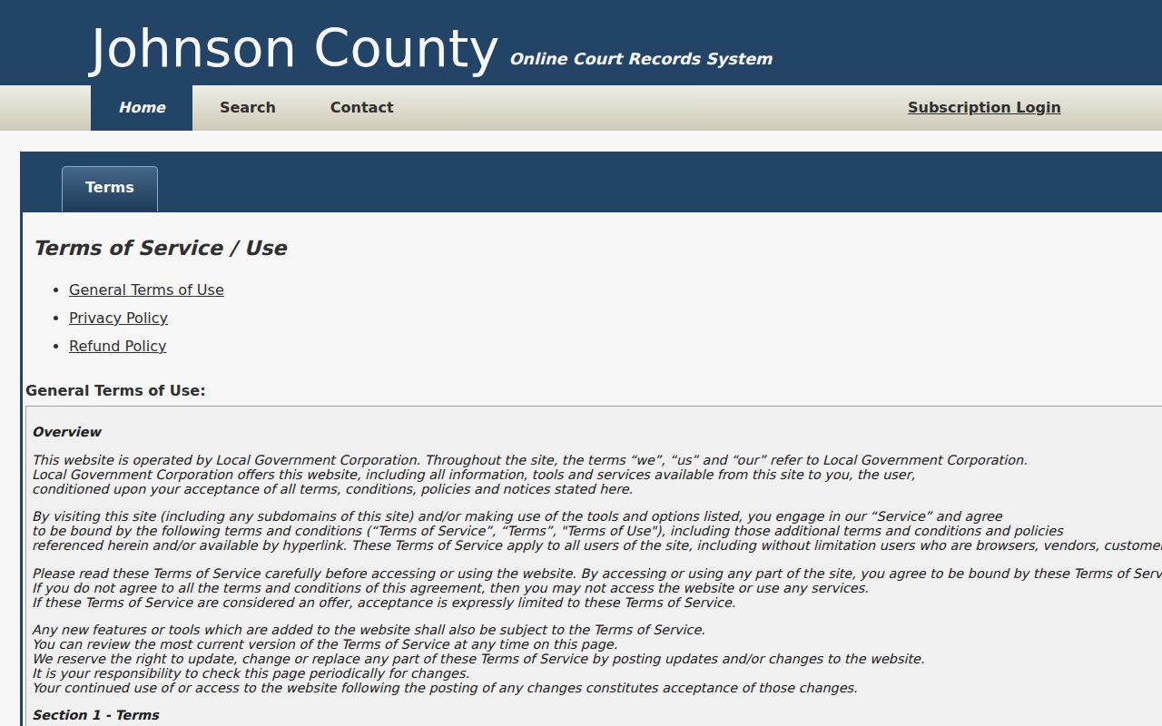 Johnson County criminal court case portal terms of use
