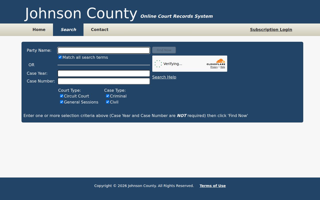 Johnson County criminal court case search interface