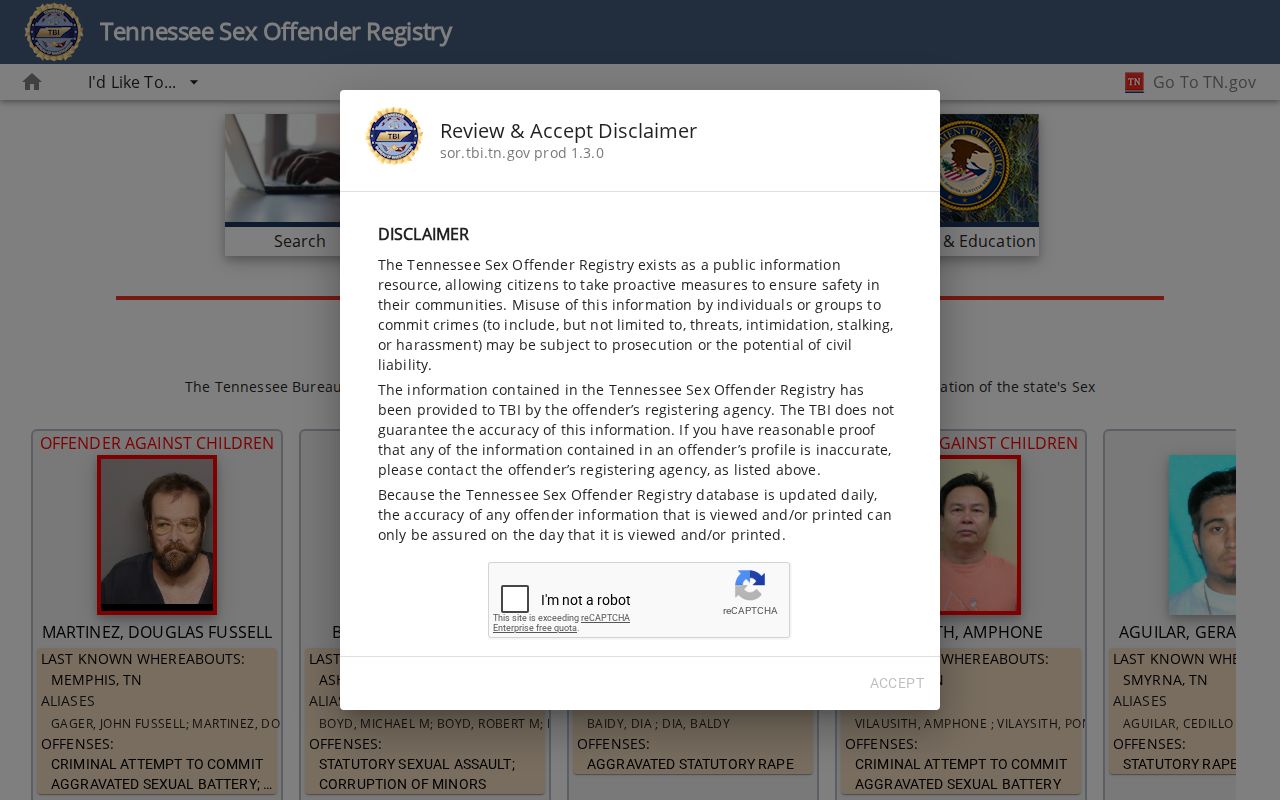 Johnson County sex offender registry search fields on the TBI portal